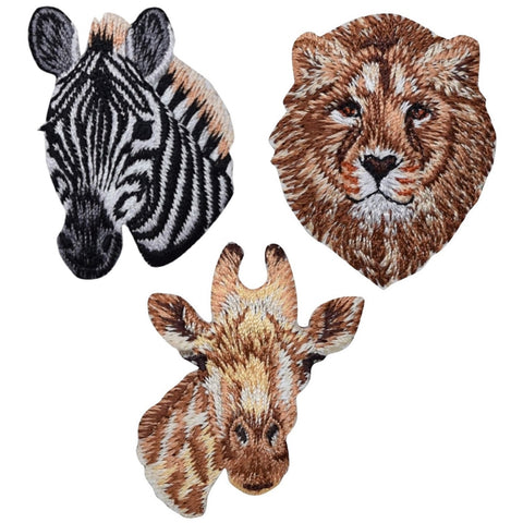 Giraffe, Lion, & Zebra Applique Patch Set - Animal Head Badges 1.75" (3-Pack, Iron on) - Patch Parlor