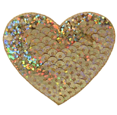 Heart Applique Patch - Gold Sequins, Love Badge 2-1/8" (Iron on) - Patch Parlor