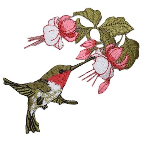 Hummingbird Applique Patch - Pink/White Flowers, Bird Badge 3-5/8" (Iron on) - Patch Parlor