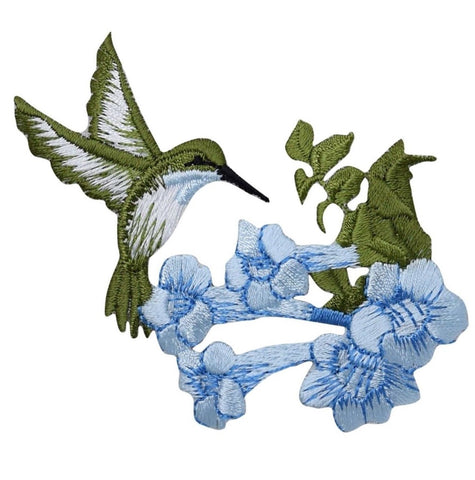 Hummingbird Applique Patch - Blue Flowers, Bird Badge 3.5" (Iron on) - Patch Parlor