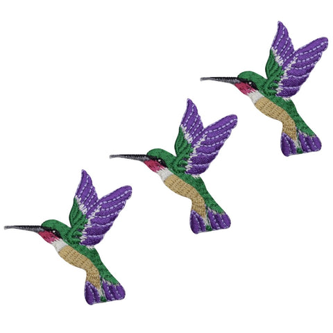 Mini Hummingbird Applique Patch - Facing Left, Purple/Green Bird 1.25" (3-Pack, Iron on)