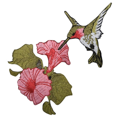 Hummingbird Applique Patch - Tropical Pink Flowers, Bird Badge 4.5" (Iron on) - Patch Parlor