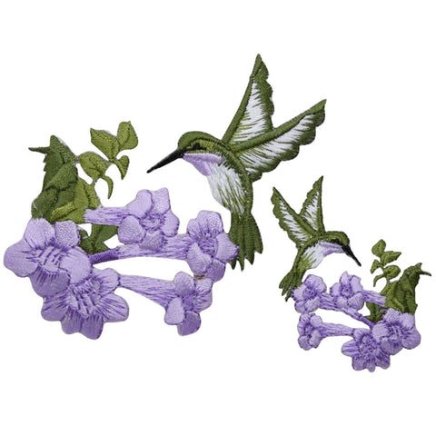 Hummingbird Applique Patch Set - Purple Flowers, Bird Badge (2-Pack, Iron on) - Patch Parlor