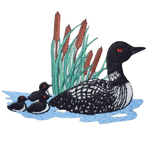 Divers Loon Applique Patch - Duck, Chicks, Cattails, Pond 3.25" (Iron on) - Patch Parlor