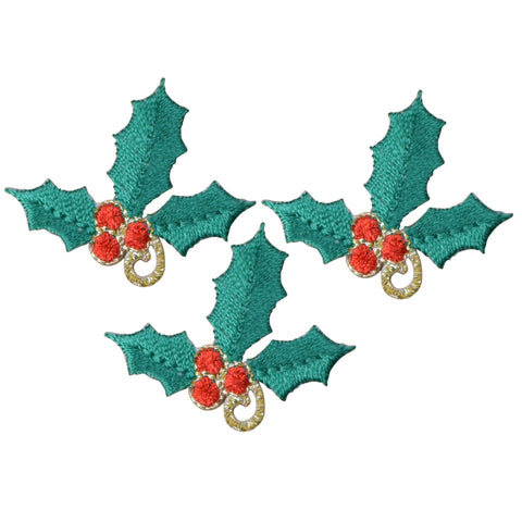 Mini Christmas Holly Applique Patch - Holiday Badge 1-3/8" (3-Pack, Iron on)