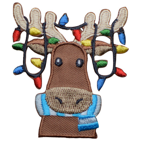 Moose Applique Patch - Christmas Lights, Holiday Animal Badge 2.5" (Iron on) - Patch Parlor