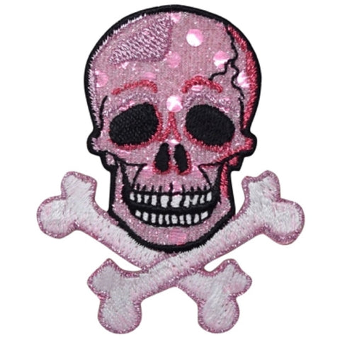 Skull Crossbones Applique Patch - Shimmery Pink Skeleton Badge 2.75" (Iron on) - Patch Parlor