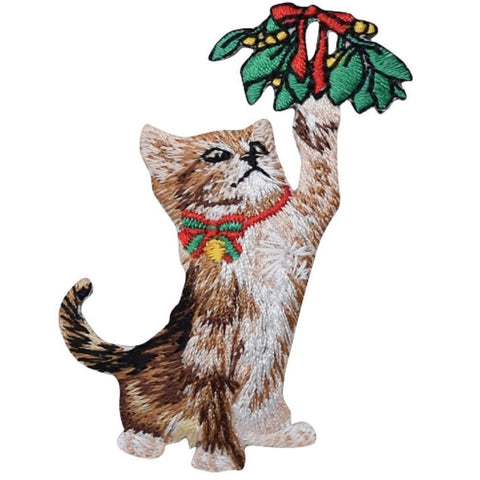 Christmas Kitten Applique Patch - Cat, Mistletoe, Kitty Badge 2-7/8" (Iron on) - Patch Parlor