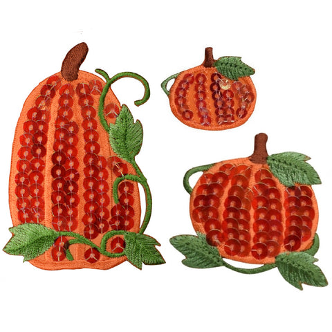 Sequin Pumpkin Applique Patch Set - Autumn Halloween Fall Farm (3-Pack, Iron on)