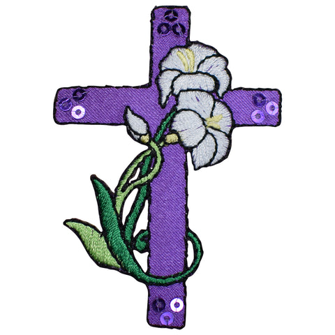 Cross Applique Patch - Sequin, Purple, Lily Flower, Jesus Badge 2-3/4" (Iron on) - Patch Parlor
