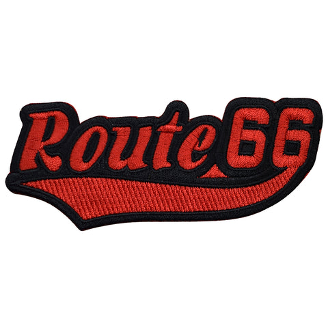 Route 66 Patch - Black/Red Rt. 66 Script Badge 4-7/8" (Iron on) - Patch Parlor