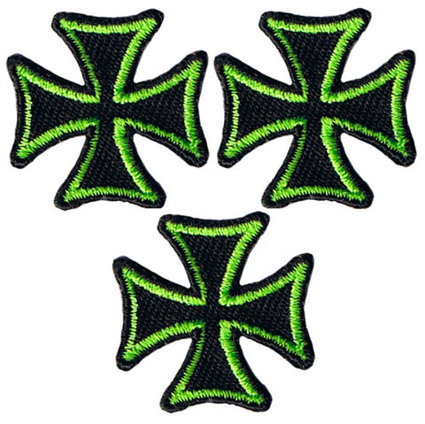 Maltese Iron Cross Applique Patch - Black, Lime Green Badge 1" (3-Pack, Iron on) - Patch Parlor