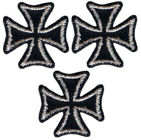 Maltese Iron Cross Applique Patch - Black, Silver Badge 1" (3-Pack, Iron on) - Patch Parlor