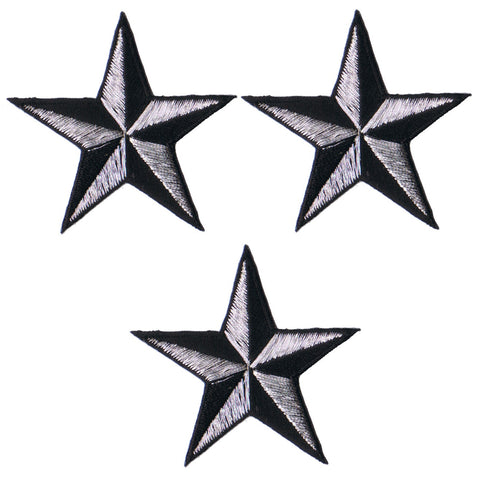 Nautical Star Applique Patch - Silver Black Tattoo Badge 2" (3-Pack, Iron on) - Patch Parlor