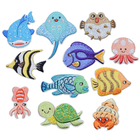 Small Sea Creatures Applique Patch Set - Ocean, Beach, Fish Badges (11-Pack, Iron on)