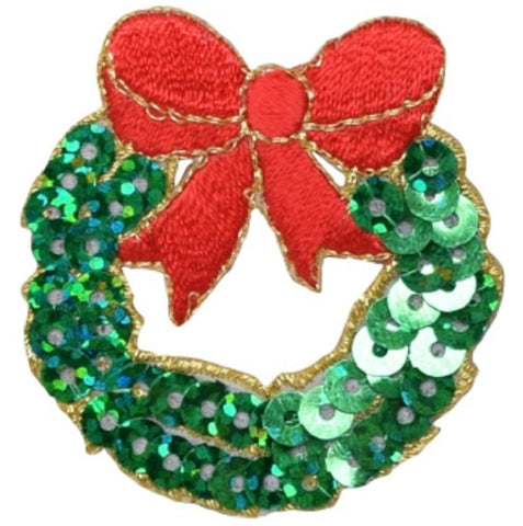 Christmas Wreath Applique Patch - Sequin Holiday Badge 1-7/8" (Iron on) - Patch Parlor