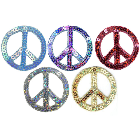 Peace Sign Applique Patch Set - Sequin, Multicolor Badges 1.5" (5-Pack, Iron on) - Patch Parlor