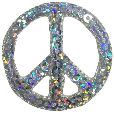 Peace Sign Applique Patch - Sequin, Silver Hippie Badge 1.5" (Iron on) - Patch Parlor
