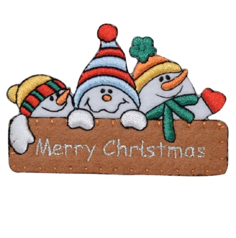 Merry Christmas Applique Patch - Snow. Snowman Badge 2-7/8" (Iron on) - Patch Parlor