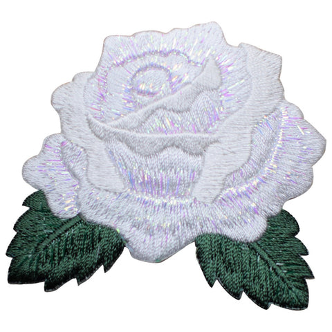 White Rose Applique Patch - Leaves Flower Bud Gardening Badge 2-5/8" (Iron on) - Patch Parlor