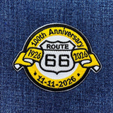 Route 66 patch celebrating the 100th anniversary on a denim background