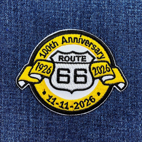 Route 66 patch celebrating the 100th anniversary on a denim background