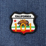 Embroidered patch of California US 101 on denim fabric