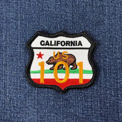 Embroidered patch of California US 101 on denim fabric