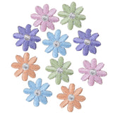 Ten small, embroidered flower patches in assorted pastel colors each centered with a silver, sparkling accent.