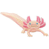 A pink leucistic axolotl salamander applique patch with blue eyes, designed for iron on application.