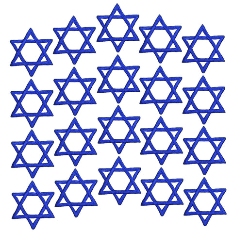 A display of 20 embroidered blue Star of David patches arranged on a plain white background.