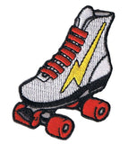 An embroidered roller skate patch featuring a white boot with red laces, a yellow lightning bolt design, and red wheels outlined in black.