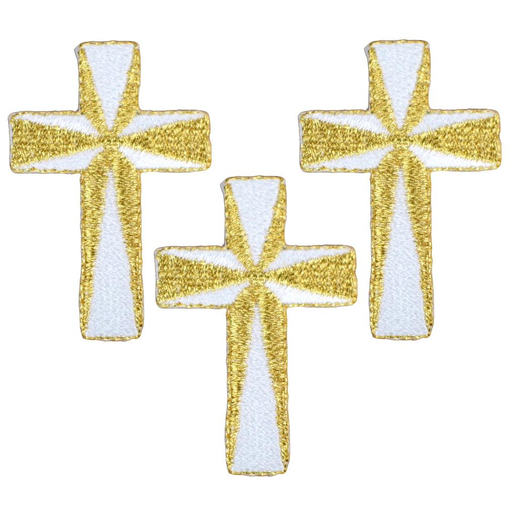 3-Pack Cross Applique Patch - Metallic Gold & White Christian Religiou ...