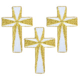 Three cross applique patches with gold and white colors and metallic thread detailing.