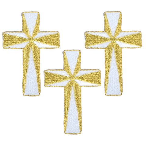 Gold & White Medium Cross Applique Patch - Metallic Thread, Christian Religious Badge 2" (3-Pack, Iron or Sew On)