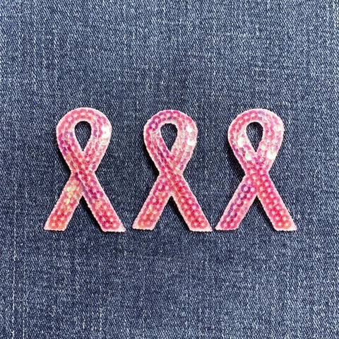 3-Pack Pink Sequin Ribbon Applique Patch - Breast Cancer Awareness Badge 2" (Iron On)
