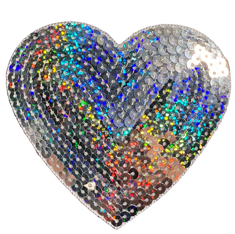 Extra Large Sequin Heart Applique Patch - White & Silver Love Badge 4" (Iron on)