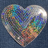 Extra Large Sequin Heart Applique Patch - White & Silver Love Badge 4" (Iron on)