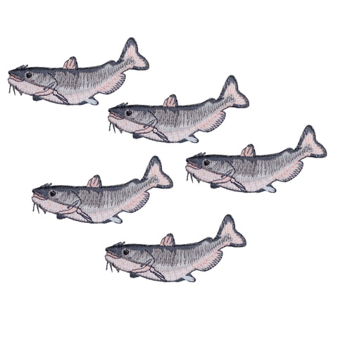Five embroidered catfish patches shown in a school on a plain white background.