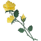Embroidered appliqué patch depicting a yellow rose stem with two open yellow blossoms, a tight yellow bud, and dark green leaves and stems.