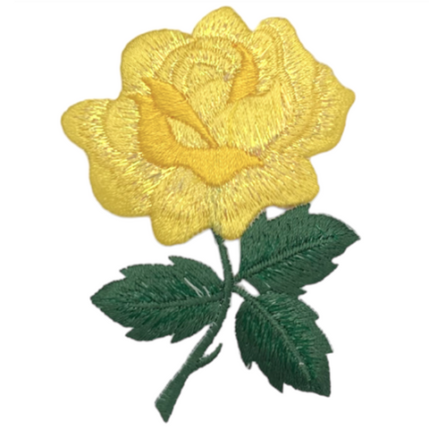 Yellow Rose Applique Patch - Leaves, Stem, Flower Badge 3-1/8" (Iron on)