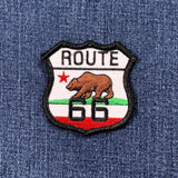 Route 66 patch with California flag bear design on denim fabric