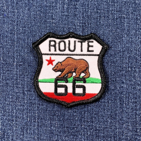 Route 66 patch with California flag bear design on denim fabric
