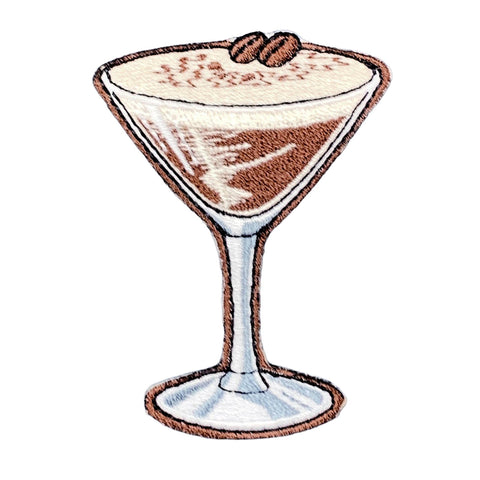 an embroidered patch of a chocolate espresso martini on a white background
