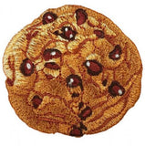 Embroidered patch of a chocolate chip cookie on a white background