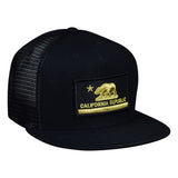 Black trucker cap with gold 'California Republic' patch on a white background