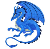 Embroidered blue dragon patch on a white background
