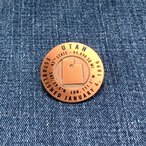 Utah Geo-Marker Pin - Est. 1896, 45th State, Hiking Benchmark Medallion, Survey Marker