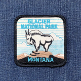 Embroidered patch of Glacier National Park, Montana on a denim background