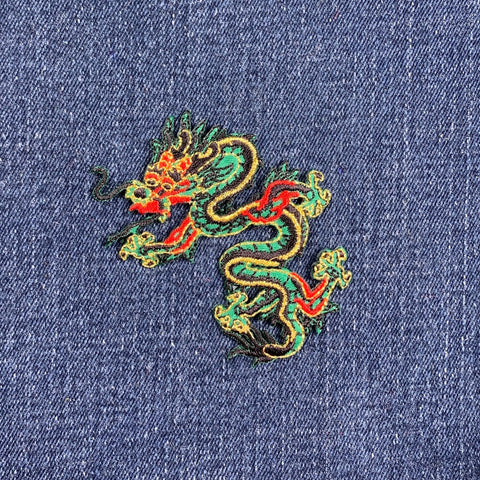 Green Dragon Applique Patch - Facing Left Power Strength Good Luck Badge 3" (Iron On)